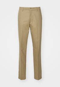 Khaki trousers made of cotton blend, featuring a straight cut, visible front pockets, a zip fly, and a classic waistband with a single button.