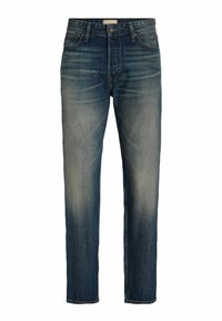 Jeansi din denim de un albastru închis, cu croială dreaptă, zone decolorate, cinci buzunare și fermoar. Acestea au un fir de cusătură subtil și un finisaj clasic.