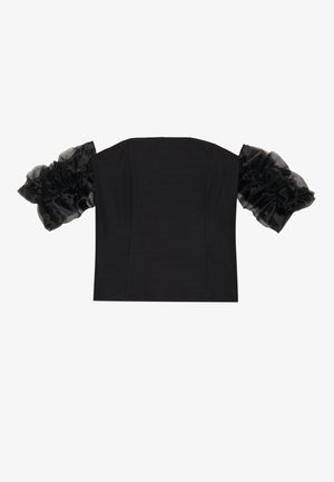 Top negru scurt cu un corset structurat și mâneci din tulle transparent, ondulate. Material neted cu o croială ajustată.