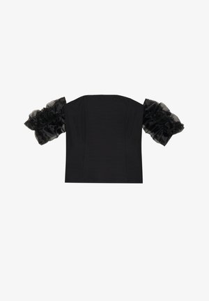 Črn izrezan top s strukturirano opanko in prosojnimi, nabranimi tulipanskimi rokavi. Gladek material z oprijetim krojem.