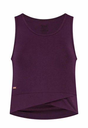 Liila hihaton toppi, jossa pyöreä pääntie, sileä kangas ja käännetty helma alareunassa, pienellä logoyksityiskohdalla.