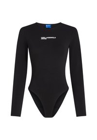 Černý body s dlouhým rukávem vyrobený z hladkého materi�álu, se kulatým výstřihem a bílým logem Karl Lagerfeld Jeans přes hruď.