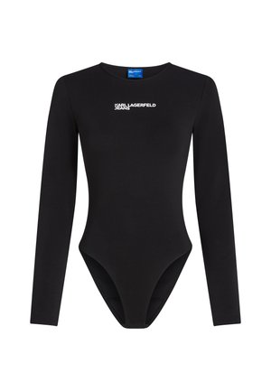 Black long-sleeve bodysuit made of smooth fabric, featuring a crew neckline and Karl Lagerfeld Jeans logo in white across the chest.