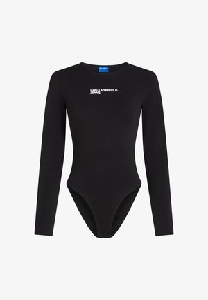 Schwarzer Langarm-Bodysuit aus glattem Stoff mit Rundhalsausschnitt und Karl Lagerfeld Jeans-Logo in Weiß auf der Brust.