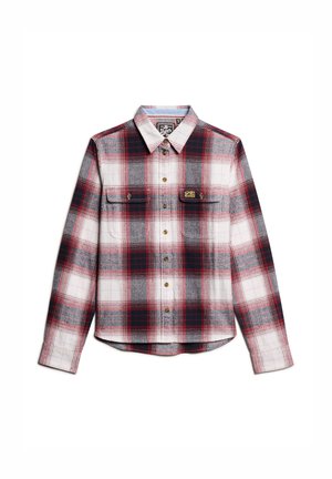 Rood, grijs en witte geruite flanellen shirt met lange mouwen, knoopsluiting aan de voorkant, twee borstzakken en een afgeronde zoom. Bevat merklabel.