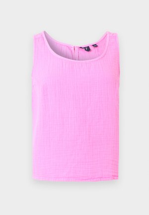 Haut sans manches en tissu rose froissé avec encolure ronde et fermeture éclair au dos.