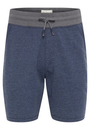 Námornícke modré bavlnené šortky so šedým elastickým pásom, nastaviteľnou šnúrkou a jemnou textúrou. Majú uvoľnený strih a dĺžku po kolená.