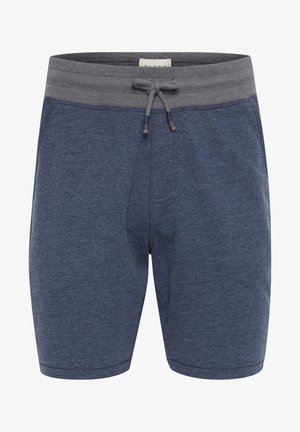 Tamno modri bombažni šortsi z sivo elastično pasom, nastavljivo vrvico in mehkobo. Imajo ohlapen kroj in dolžino do kolen.