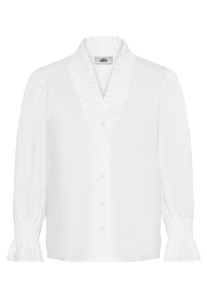 Biela blúzka s výstrihom do V, skladaným golierom a dlhými nariasenými rukávmi. Obsahuje gombíky na prednej strane a riasené manžety. Hladká textúra látky.