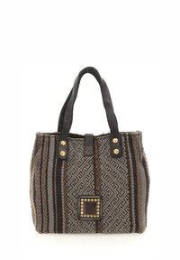 Borsa tote con tessuto intrecciato marrone e motivi geometrici, manici in pelle nera e dettagli in metallo dorato. Toppa quadrata con logo sulla parte anteriore.