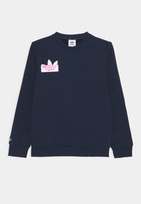 Felpa blu navy con maniche lunghe, polsini a costine e collo a giro. Presenta un logo rosa e bianco nella zona del taschino sinistro. Texture morbida.