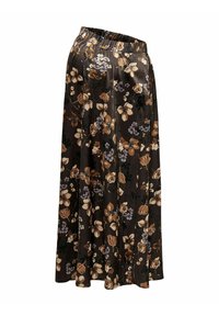 Floral maxi rok in donkerbruin met een geplooide elastische tailleband. Beschikt over grote crèmekleurige, oranje en paarse bloemen op een gladde stof.