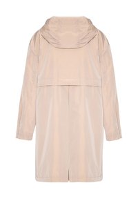  Lichtbeige waterdichte jas met capuchon, met een losse pasvorm, lange mouwen en een middellange snit. Soepele textuur en minimale details.