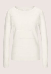 Weißer Langarm-Pullover aus Strick mit subtilen horizontalen Häkelstreifen und Rundhalsausschnitt.