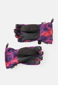 Vodotporne rokavice z črnim usnjenim dlanom in konicami prstov, z vijoličnim in rdečim tie-dye motivom na tkanini. Vključujejo nastavljive zapestne zanke.
