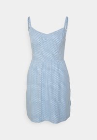 Světle modré šaty s květinovým vzorem, bez rukávů, s vypasovaným pasem a jemným A-liniovým střihem. Mají nastavitelné ramínka a hladkou texturu.