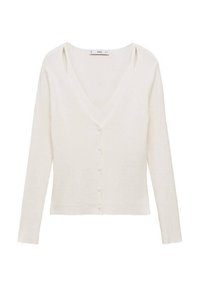 Weißer gerippter Cardigan mit V-Ausschnitt, langen Ärmeln und sechs Frontknöpfen. Mit Cut-Out-Details an den Schultern. Weiches Material.