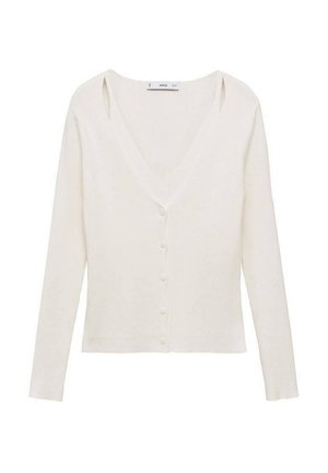 Bela rebrasta kardigana z V-izrezom, dolgimi rokavi in šestimi gumbi spredaj. Ima izreze na ramenih. Mehka tkanina.