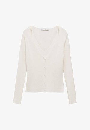 Bijela rebrasta kardigan s V-izrezom, dugim rukavima i šest gumba na prednjoj strani. Ima izrezane detalje na ramenima. Mekan materijal.