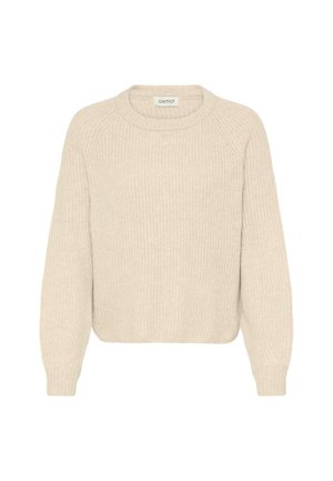 Beež ribaga kootud sviiter ümmarguse kaelusega, pikkade raglanvarrukatega ja mugava lõikega. Pehme tekstuur ja õrnad õmbluse detailid.
