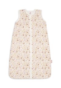 Sac de couchage floral avec un fond crème, orné de fleurs roses, brunes et jaunes. Il est équipé d'une fermeture éclair sur le devant et de sans manches.