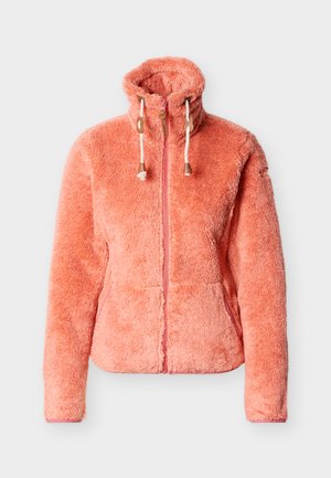 Veste zippée douillette rose corail avec col montant et cordons blancs, conçue pour la chaleur et le confort.