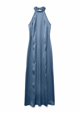Long, sleeveless dress in light blue satin, featuring a high neck and subtle sheen. Smooth texture with an overall flowing silhouette.
