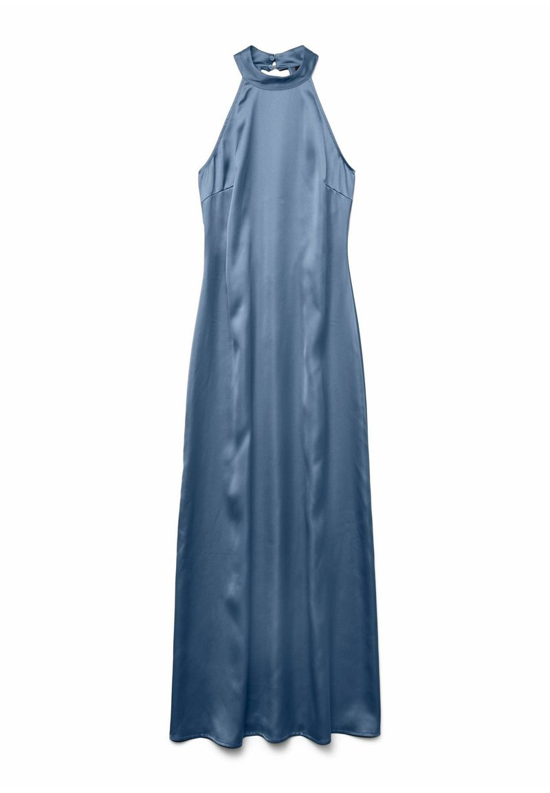 Langes, ärmelloses Kleid aus hellblauem Satin, mit hohem Hals und subtiler Schimmer. Glatte Textur mit insgesamt fließender Silhouette.