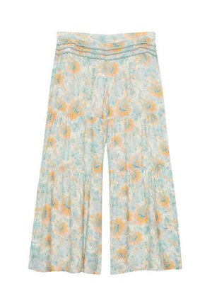 Pantalones de pierna ancha con flores que presentan una base azul claro con acentos en naranja y verde azulado, cinturilla texturizada y diseño en capas.