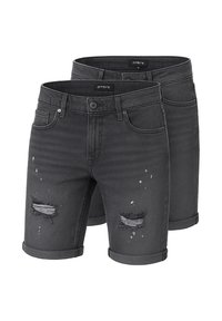 Shorts in denim nero con orlo risvoltato, presentanti strappi e scoloriture. Etichetta del brand visibile sulla vita.