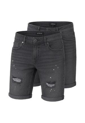Shorts en denim noir avec un ourlet retroussé, présentant des déchirures usées et un délavage. Étiquette de la marque visible sur la taille.