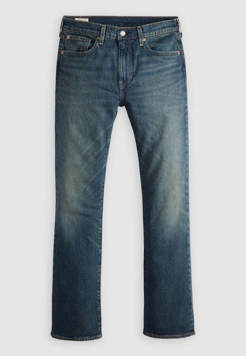 Mörkblå denimjeans med rak bendesign, som har fem fickor, stickningsdetaljer och en blekt tvättningseffekt framtill.