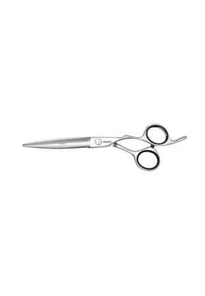Professional silver hairdressing scissors with ergonomic finger rests and black grip liners, labeled "JAGUAR" and "HERA".