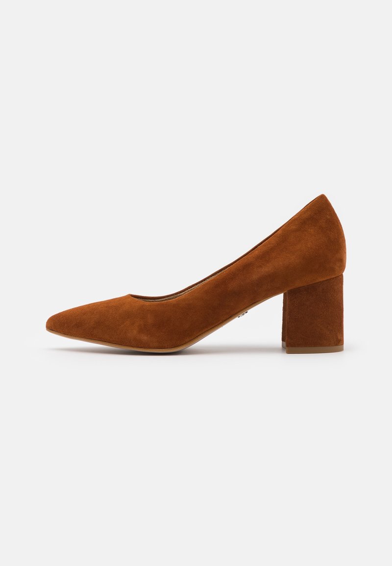 Escarpin femme en daim marron avec bout pointu et talon bloc sur un fond uni clair.