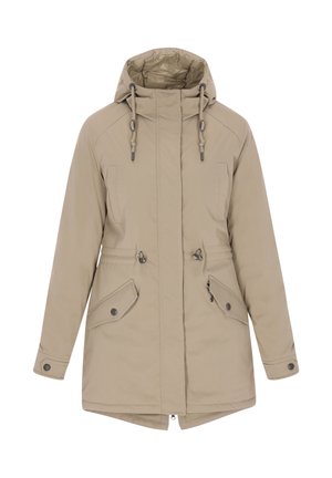 Béžový parka kabát s kapucňou, nastaviteľnými šnúrkami, predným zipsom, vreckami na patentky a dlhými rukávmi.
