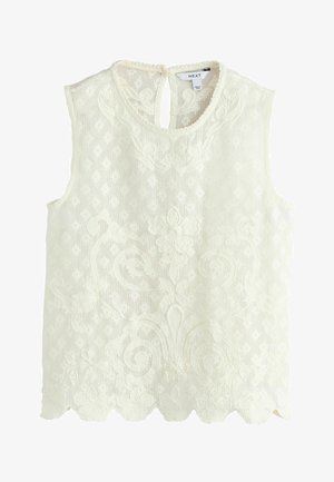 Ærmeløs hvid blondebluse med blomsterbroderi, bølget kant og rund halsudskæring med lille bageste knaplukning.