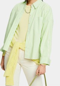 Personne portant une chemise boutonnée rayée vert clair sur un top jaune et un pantalon, un pull jaune noué autour de la taille, tenant la sangle d'un sac vert clair.
