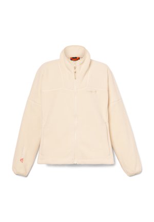 Crème-kleurige fleece jas met een hoge kraag, voor gesloten rits en elastische manchetten. Bevat een klein logo op de borst en een accent op de mouw.