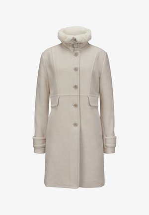 Cremefarbener Wollmantel mit fünf Knöpfen, Pattentaschen, Manschettenriemen und einem hohen Kragen, der mit weichem weißem Kunstfell und einer Schnalle gefüttert ist.