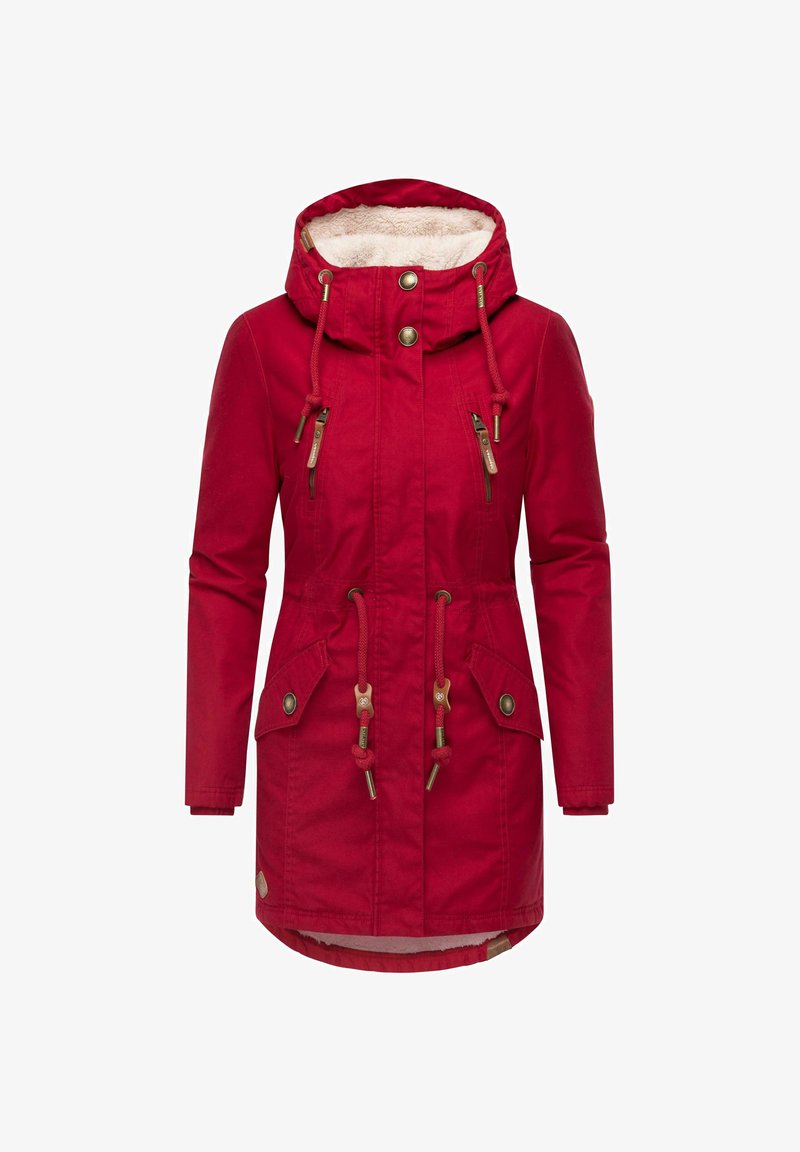 Red hooded winter coat with fleece lining, front zipper and snap buttons, drawstrings at waist and hood, zippered chest pockets, and flap side pockets.