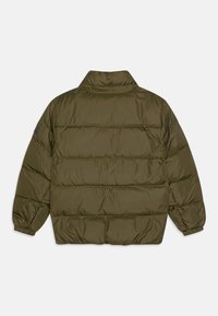 Olivengrønn polstret jakke med ståkrage, elastiske mansjetter og en litt cropped passform. Glatt nylonmateriale med quiltet mønster.