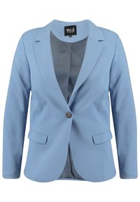 Lichtblauw colbert van gladde stof. Voorzien van een enkele knoopsluiting, revers met inkeping en twee voorzakken met gevoerde binnenkant.