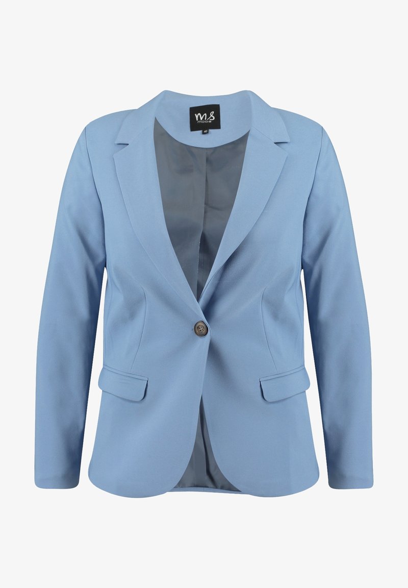 Vaaleansininen puku takki, tehty sileästä kankaasta. Siinä on yksinappikiinnitys, kapeat kaulukset ja kaksi etutaskua, jotka on vuorattu sisältä.