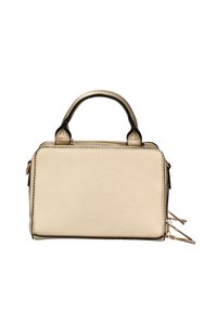 Borsa a tracolla in pelle beige con una forma rettangolare strutturata, due manici superiori e chiusura con zip; presenta bordi neri e hardware decorativo.