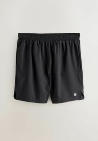 Schwarze Sportshorts mit elastischem Bund, zwei seitlichen Taschen und einem kleinen Logotag vorne unten. Glattes, leichtes Gewebe.