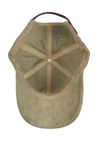 Khaki corduroy cap with a brown fabric strap. Interior features a smooth lining, six ventilation eyelets, and a rounded crown design.