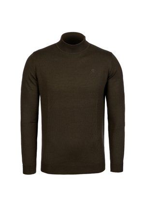 Dark brown long-sleeve turtleneck sweater with a small embroidered logo on the left chest, displayed on a plain white background.