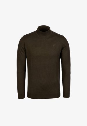 Dark brown long-sleeve turtleneck sweater with a small embroidered logo on the left chest, displayed on a plain white background.