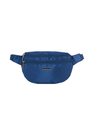 Riñonera de nylon azul con dos compartimentos con cremallera, correa ajustable y textura suave. Presenta un pequeño acento metálico en el logo.