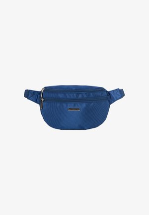 Marsupio in nylon blu con due scomparti con zip, cinturino regolabile e texture liscia. Presenta un piccolo logo metallico decorativo.